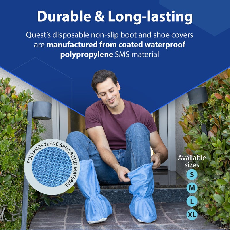 Quest Protective Apparel Quest Shoe Covers Disposable Non Slip Booties for Boots and Shoes- Indoors Shoe Cover Protectors - Secure Bootie Coverings with Straps - Blue, Small, 3 Pairs - Image 3